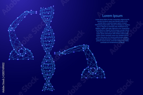 Changing the structure of DNA by robotic arms manipulator scientific and medical innovative concept from futuristic polygonal blue lines and glowing stars for banner, poster. Vector illustration.