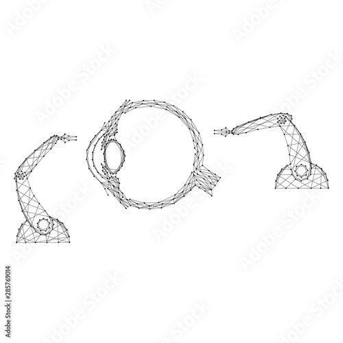 Surgery medical on eye ophthalmology by robotic arms manipulator scientific and medical innovative concept from abstract futuristic polygonal black lines and dots. Vector illustration.