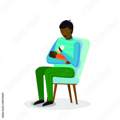 A black man holds a baby in his arms and feeds it with a bottle of Breast milk or formula.The father takes care of the newborn. parental leave for family member. Vector illustration.