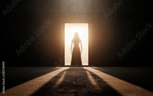 Woman silhouette in an empty room. 3d render