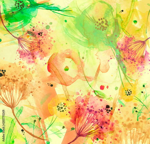 Watercolor bouquet of flowers, dandelion, inflorescence, dill, hogweed.  abstract splash of paint, fashion illustration. field or garden flowers. Suburban summer, autumn landscape.Watercolor card © helgafo
