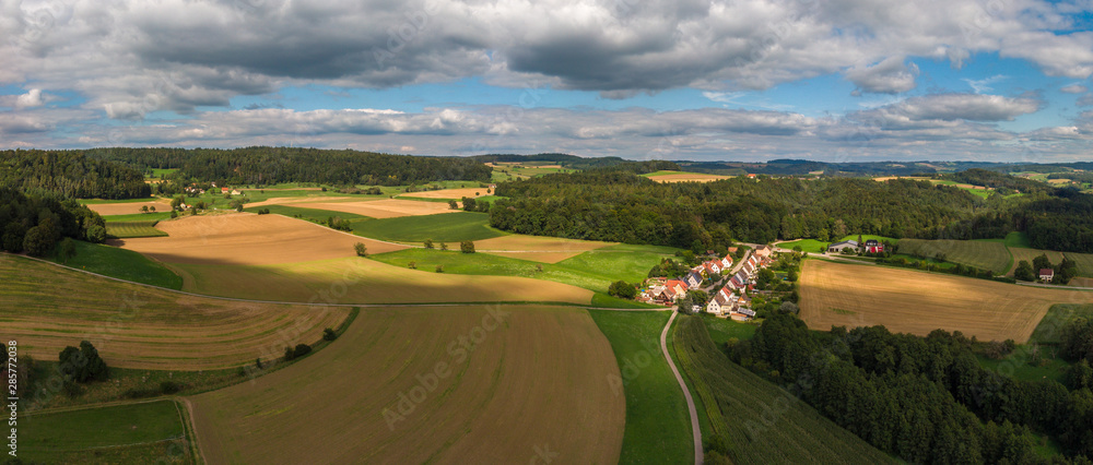 Panoramic view on an agricultural landscape near Stockach in Germany.