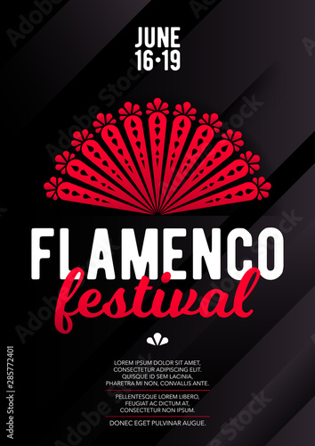 Vertical flamenco template with dark background, red fan and text. 