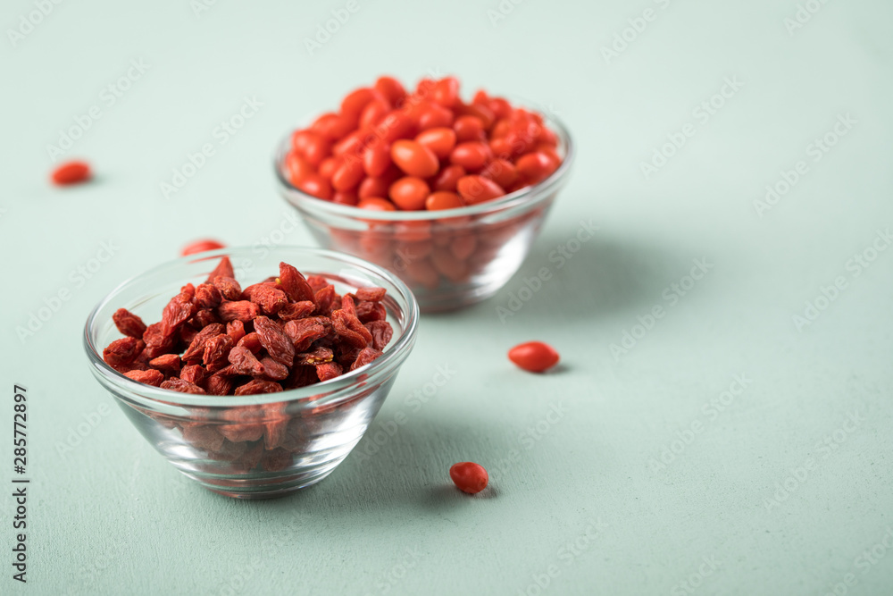 Frische und getrocknete Goji-Beeren Superfood in Glas Schale auf Mint Grün Pastell Hintergrund Frische und getrocknete Goji-Beeren Superfood in Glas Schale auf Mint Grün Pastell Hintergrund