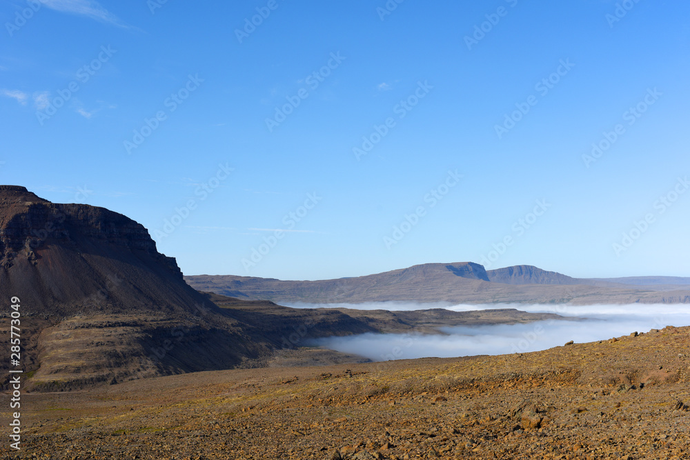 Magic foggy morning and beautiful view of lava fields, Iceland, Europe.