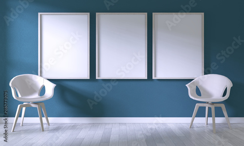Fototapeta Naklejka Na Ścianę i Meble -  Mock up poster frame with white chair on room dark blue wall on white wooden floor.3D rendering