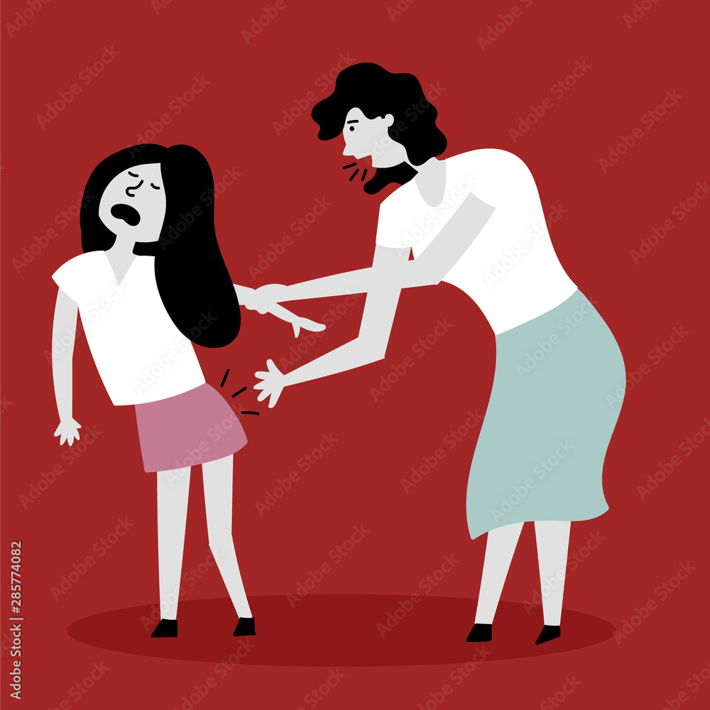 Mom spanks daughter on the pope. The child screams in pain. Beating  children. Child abuse. Editable vector illustration Stock Vector