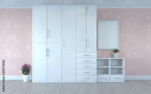 The classic interior of the children's girl's bedroom. Mock-up. Large closet and cabinet