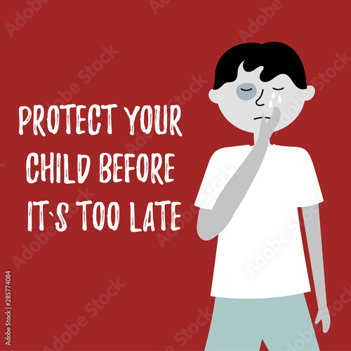 The child cries from constant beatings. Fingal under the eye. Beating children. Child abuse. Editable vector illustration