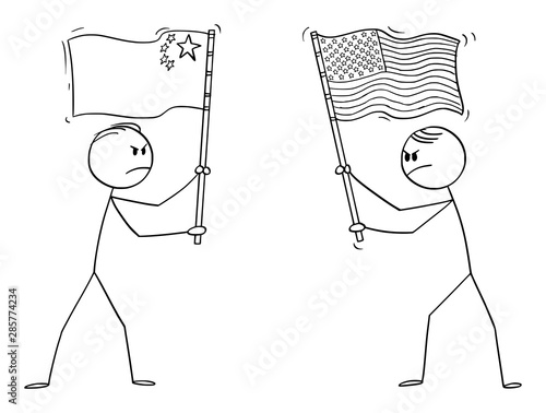 Vector cartoon stick figure drawing conceptual illustration of two angry men, politicians or businessmen holding flags of USA or United States and China. Concept of trade war and conflict.