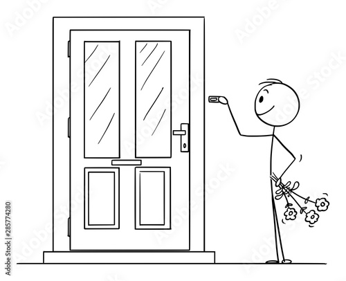 Vector cartoon stick figure drawing conceptual illustration of smiling man in love with flowers ringing the door bell.