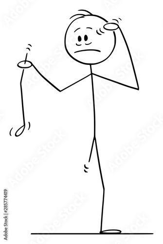 Vector cartoon stick figure drawing conceptual illustration of man or businessman holding his leg and thinking about the accident.