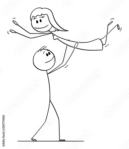 Vector cartoon stick figure drawing conceptual illustration of heterosexual couple of man and woman performing dance pose lift during dancing.