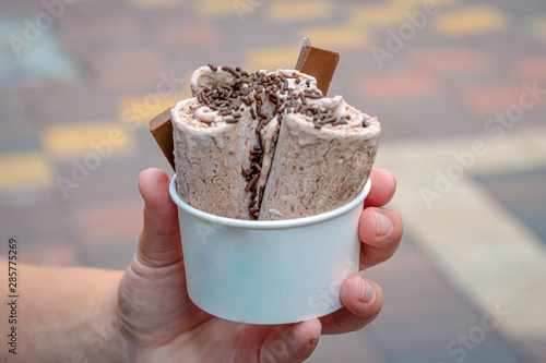 Canvas Print Pan frozen ice cream on Malaysian street food market Kitkat taste