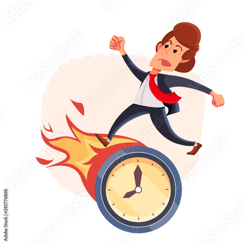 The businessman is late to complete the task on time. Deadline. Time is burning.