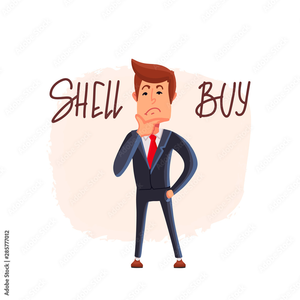 Doubtful stock exchange market trader holding a hand on chin analyzing index, to buy or sell shares or equity. Financial market businessman. Vector. Doubtful stock exchange market trader holding a hand on chin analyzing index, to buy or sell shares or equity. Financial market businessman. Vector.