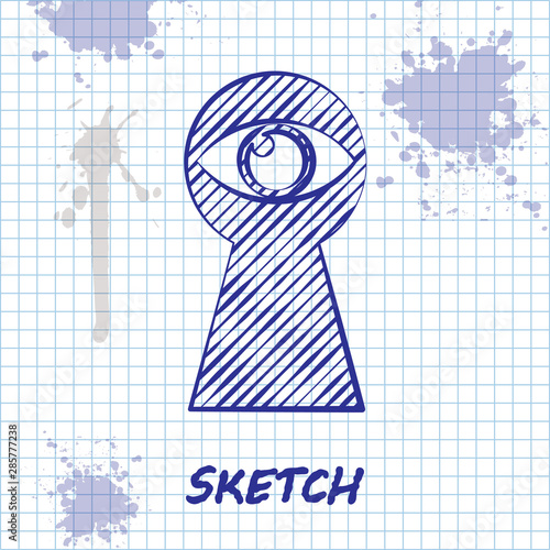 Sketch line Keyhole with eye icon isolated on white background. The eye looks into the keyhole. Keyhole eye hole. Vector Illustration