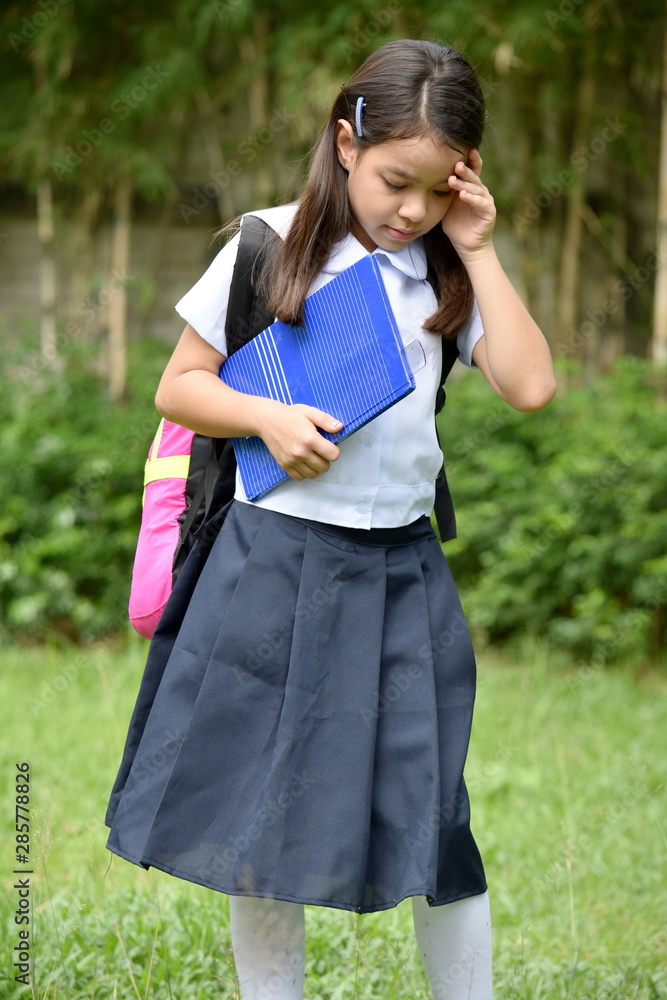 Unhappy Cute Diverse Female Student School Girl With Notebooks Unhappy Cute Diverse Female Student School Girl With Notebooks