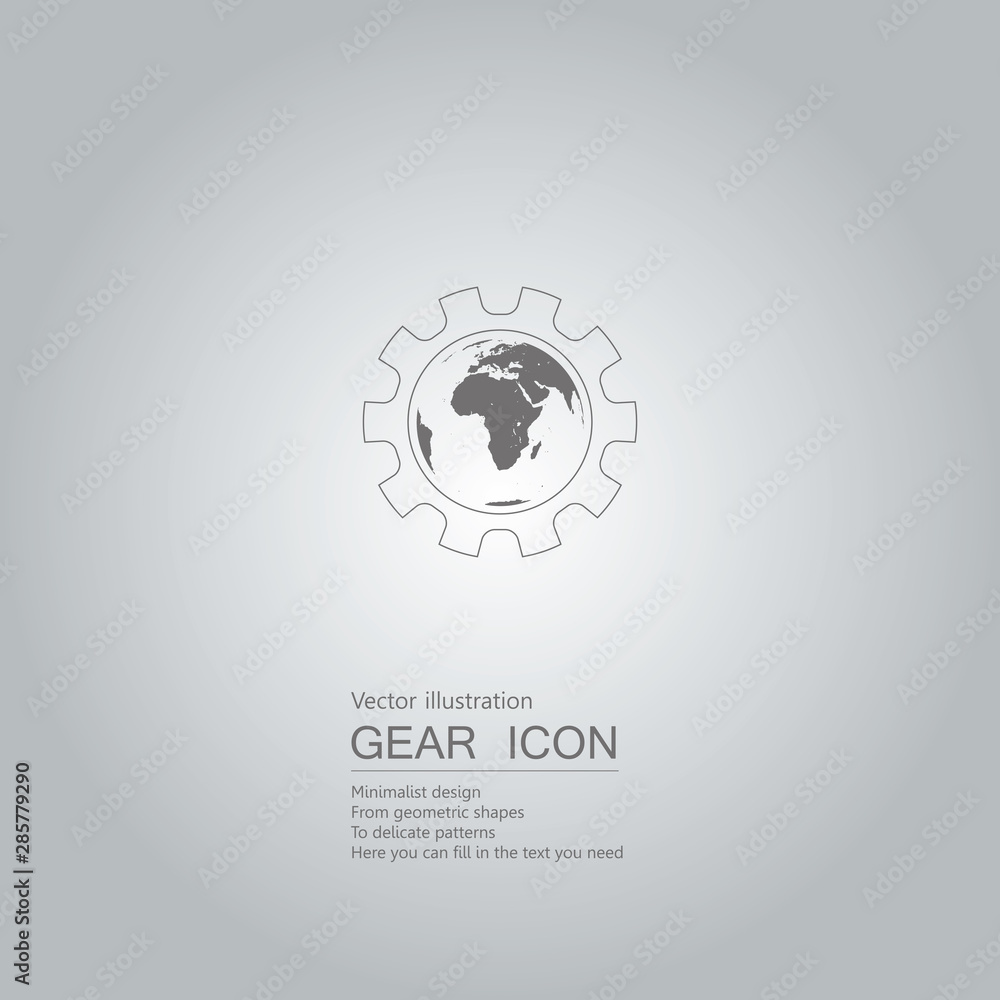 Gears and earth. The background is a gradient of gray. Gears and earth. The background is a gradient of gray.