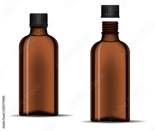 Clear dark glass bottle with screw cap - open and closed, realistic vector mock-up
