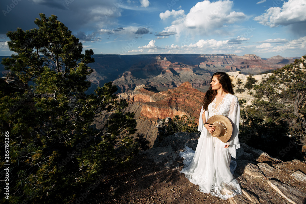The bride in a long white dress stands on a cliff and looks into the distance The bride in a long white dress stands on a cliff and looks into the distance