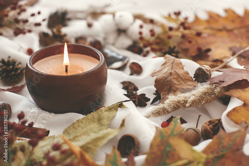  Hello autumn, cozy inspirational image. Hygge lifestyle. Candle with berries, fall leaves, herbs, acorns, nuts , cinnamon on white fabric. Autumn mood.