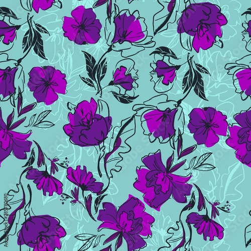Fototapeta Naklejka Na Ścianę i Meble -  Flowers and leaves pattern vector. Trendy Decorative ornament for fashion textiles. Сolorful floral background. Fabric design.