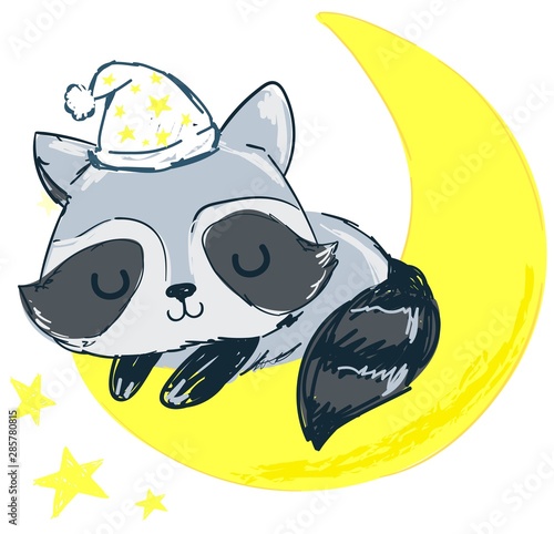 Hand drawn cute raccoon is sleeping on the moon. Print design for baby pajamas. Textile illustration.