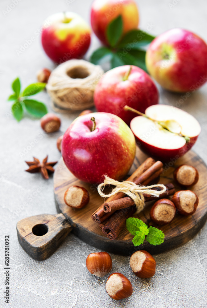 Fresh apples, hazelnuts and cinnamon Fresh apples, hazelnuts and cinnamon