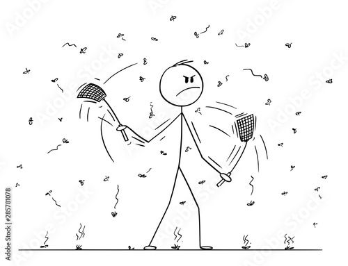 Vector cartoon stick figure drawing conceptual illustration of man or businessman with swatters, flappers or fly-flaps in both hands killing flies, mosquitoes or just insect flying around.