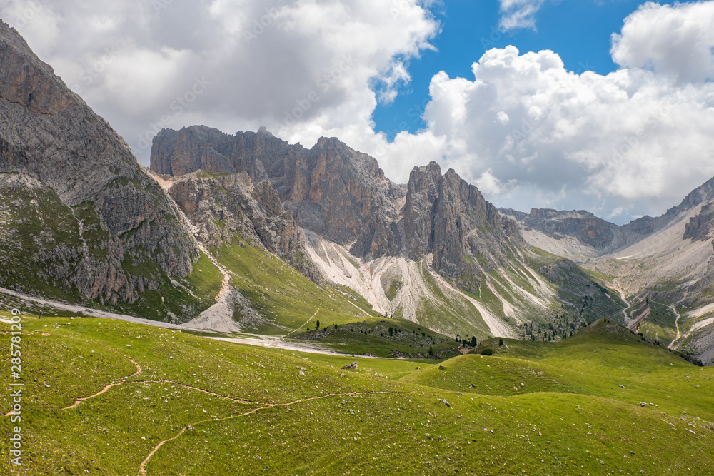 Scenic view at a valley in the dolomites mountain in Italy