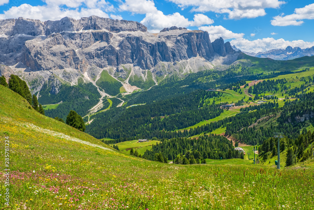 Awesome view at a valley in the Dolomites mountains