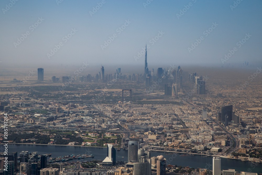 UNITED ARAB EMIRATES, DUBAI, CIRCA 2019 : aerial view on the skyline of Dubai with view of Burj Khalifa.