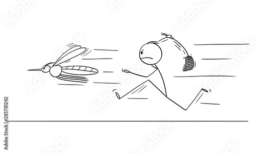 Vector cartoon stick figure drawing conceptual illustration of man or businessman chasing big mosquito with swatter, flapper or fly-flap.