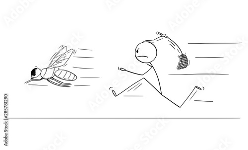 Vector cartoon stick figure drawing conceptual illustration of man or businessman chasing big fly with swatter, flapper or fly-flap.