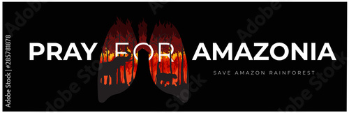 Banner Campaign Pray For Amazonia illustrated with lungs and forest fires vector