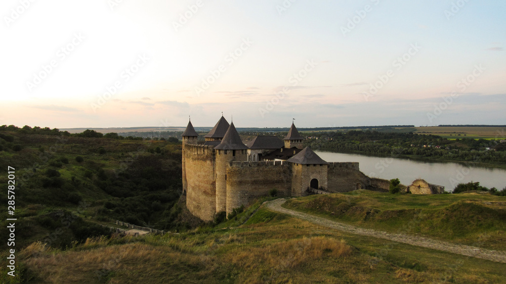 General view of the Khotyn fortress - fortification complex located on the right bank of the Dniester River in Khotyn, Chernivtsi Oblast (province) of western Ukraine. 06.08.2019