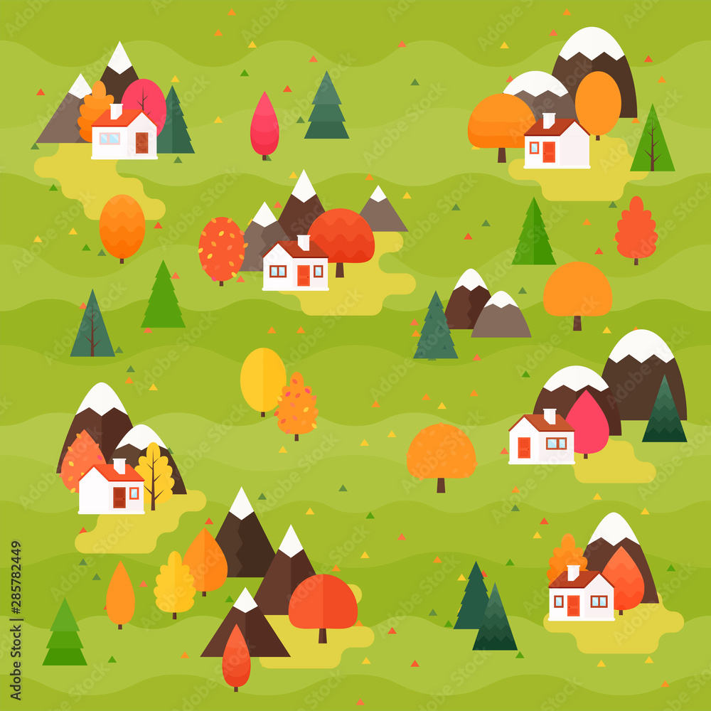 Autumn forest village landscape seamless pattern