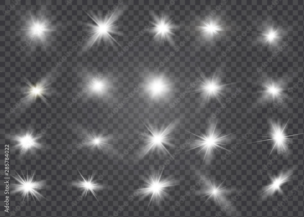 White glowing light explodes on a transparent background. Sparkling magical dust particles. Bright Star. Transparent shining sun, bright flash. Vector sparkles. To center a bright flash. - obrazy, fototapety, plakaty 