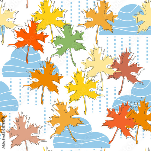 Fall seamless pattern, clouds, rain and maple leaf in autumnal colors