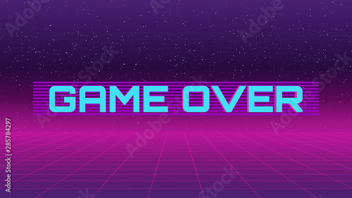 80s style game over illustration. Pink perspective grid with futuristic font lettering in the middle. Pink horizon fog. Blue glitch letters. Dark retro future background