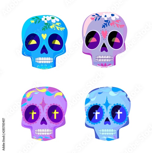 Decorative Colorful Skulls set day of the dead vector illustration. Mexican Dia de los Muertos.