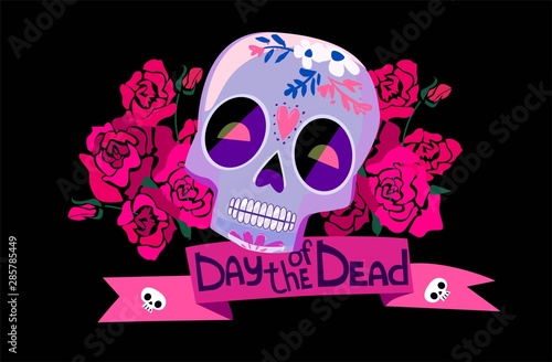 Skull in roses poster, Day of the dead Postcard illustration. Mexican Dia de los Muertos. 