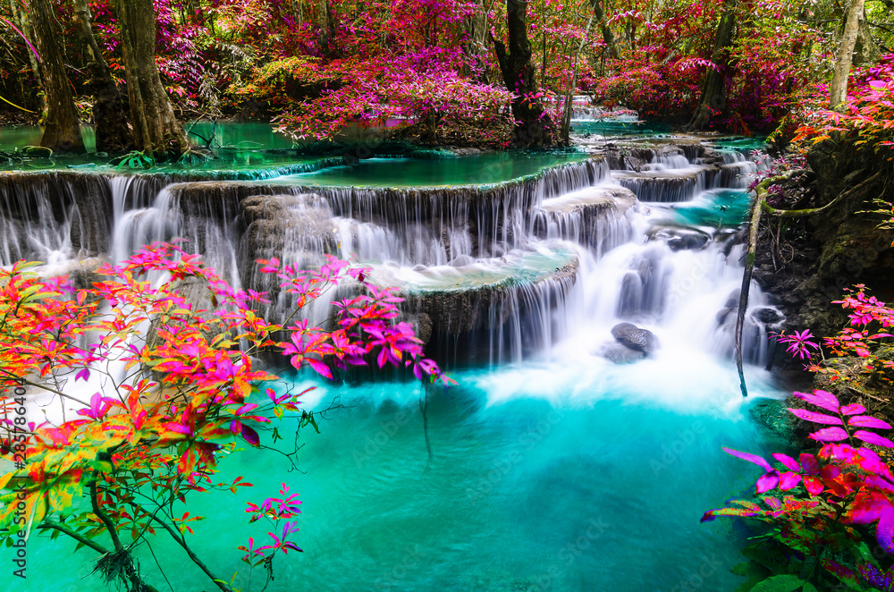 huay mae kamin waterfall in colorful autumn forest at Kanchanaburi