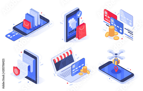 Isometric online shopping. Internet store business, digital commerce and bank card payment. Online clothes shop paying, modern stores payments app. Isolated vector illustration icons set
