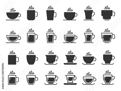 Coffee cup silhouette icons. Hot drinks cups, mug black stencil icon. Barista cup collection, black coffee beverage logo or cappuccino and espresso drink utensil. Isolated vector symbols set