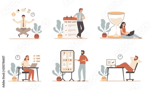 Work time management. Scheduling tasks, deadline strategy and office people working with laptop computer. It office productivity timing management. Flat vector isolated illustration icons set