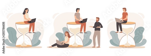 Time management hourglass. Office manager working on sandglass, deadline and productive professionals people. Overtime working and procrastination time planner isolated vector illustration set