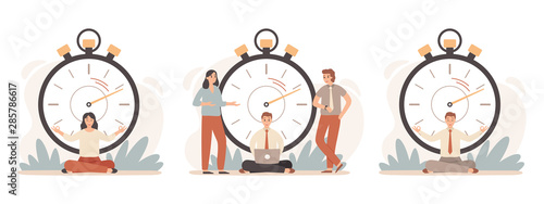 Work rate time management. Business people working with stopwatch, fast tasks and time stop. Project deadline, work time activity strategy goal isolated vector illustration icons set