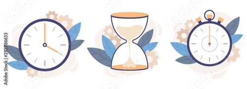 Clock, hourglass and stopwatch. Analog watch clocks, countdown timer and time management. Timekeeping alarm or timer measurement. Isolated vector illustration icons set photo